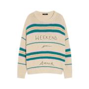 Stribet bomulds sweater med broderi