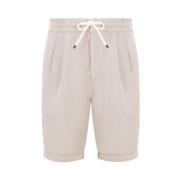 Beige Linned Gabardine Elastisk Talje Shorts