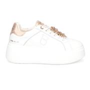 Hvide Læder Platform Sneakers med Rhinestone Blomst