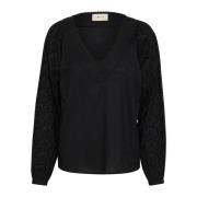 Elegant Pitch Black Bluse med V-Hals