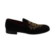 Elegant sorte loafers med guld krone broderi