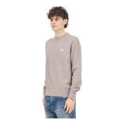 Beige Crewneck Sweater med Logo Patch