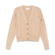 Beige Ribbet Cardigan med knaplukning