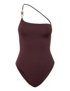 Asymmetrical Swimming Costume With Beads Mango Brown