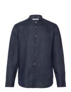 100% Linen Mao Collar Shirt Mango Navy