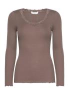 Rwbabette Silk Ls U-Neck Lace T-Shi Rosemunde Brown