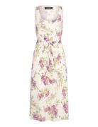 Floral Belted Crepe Sleeveless Dress Lauren Ralph Lauren Cream