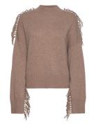 Boxy O-Neck Sweater Fringes Davida Cashmere Beige