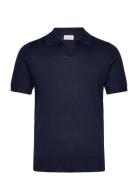 Man Fine Knit Open Collar T-Shirt Davida Cashmere Navy