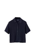 Short Sleeve Cable Knitted Polo Cardigan Lexington Clothing Navy