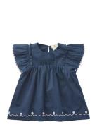 Poplin Emb. Blouse W. Frill Sleeves Copenhagen Colors Navy
