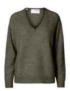 Slflulu New Ls Knit V-Neck B Noos Selected Khaki