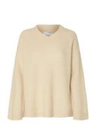 Slfsia Ras Ls Knit Long V-Neck Noos Selected Cream