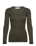 Rwbabette Silk Ls U-Neck Lace T-Shi Rosemunde Khaki