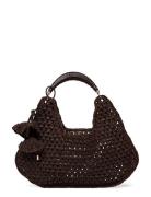 Natural Fibre Shoulder Bag With Flower Charm Mango Brown