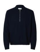 Slhtray Merino Brushed Relaxed Zip Polo Selected Navy