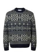 Slhholger Ls Knit Jaquard Crew Neck Selected Navy