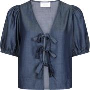 Neo Noir Bianca Chambray Blouse Kvinde Dark Navy Kortærmede Bluser Str...