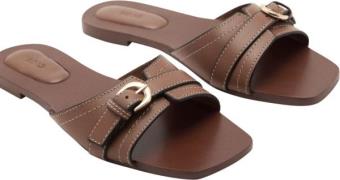 MANGO Buckle Leather Sandals Kvinde Medium Brown Flade Sandaler Str 37...