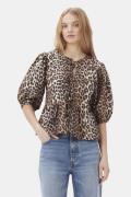 Ganni Printed Cotton Poplin Peplum Blouse Kvinde Leopard Langærmede Bl...