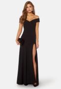 Goddiva Bardot Pleat Maxi Split Dress Black L (UK14)