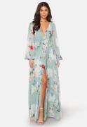 Goddiva Floral Long Sleeve Chiffon Maxi Dress Green M (UK12)