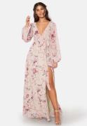 Goddiva Floral Long Sleeve Chiffon Maxi Dress Latte XS (UK8)