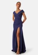 Goddiva Bardot Pleat Maxi Split Dress Dark blue S (UK10)