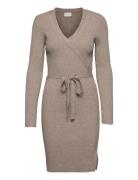 Viril Wrap L/S Knit Dress Knælang Kjole Beige Vila