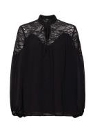 Chiffon Blouse With Lace Tops Blouses Long-sleeved Black Esprit Collec...