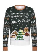 Santa Claus Is Coming To Town Led Tops Knitwear Round Necks Khaki Gree...