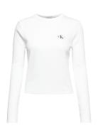 Woven Label Rib Long Sleeve Tops T-shirts & Tops Long-sleeved White Ca...