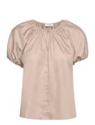 Liv Puff Cotton Blouse Tops Blouses Short-sleeved Beige Marville Road