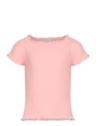 Top Rib Curly Hem Stina Tops T-Kortærmet Skjorte Pink Lindex