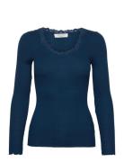 Silk T-Shirt W/ Lace Tops T-shirts & Tops Long-sleeved Blue Rosemunde