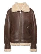 Vintage-Effect Shearling Jacket Læderjakke Skindjakke Brown Mango