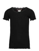 Silk T-Shirt W/ Lace Tops T-Kortærmet Skjorte Black Rosemunde Kids