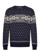 Snowflake Cotton-Cashmere Sweater Tops Knitwear Round Necks Navy Polo ...