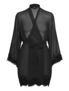 Kimono Satin Sheer Lace Edge Morgenkåbe Black Hunkemöller