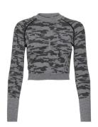 Camo Long Sleeve Crop Top Sport Crop Tops Long-sleeved Crop Tops Grey ...