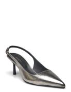 264-Diamantus Cuir Metallise Shoes Sling Backs Heeled Slingbacks Silve...