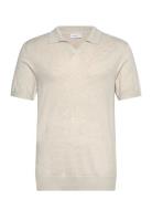 Ecovero S/S V-Neck Polo Tops Knitwear Short Sleeve Knitted Polos Cream...