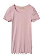 Rib T-Shirt Lace Ss Tops T-Kortærmet Skjorte Pink Wheat