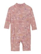 Baby Suit L/S, Aop Badedragt Badetøj Pink Color Kids