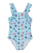 Swimsuit W. Frills, Aop Badedragt Badetøj Blue Color Kids