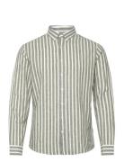 Wide Striped Cotton/Linen Shirt L/S Tops Shirts Linen Shirts Khaki Gre...