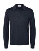 Slhtray Ls Knit Merino Open Polo Tops Knitwear Long Sleeve Knitted Pol...